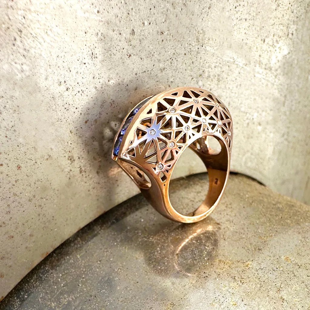 Afrogem Tanzanite And Diamond Raised Pattern Statement Ring in Rose Gold