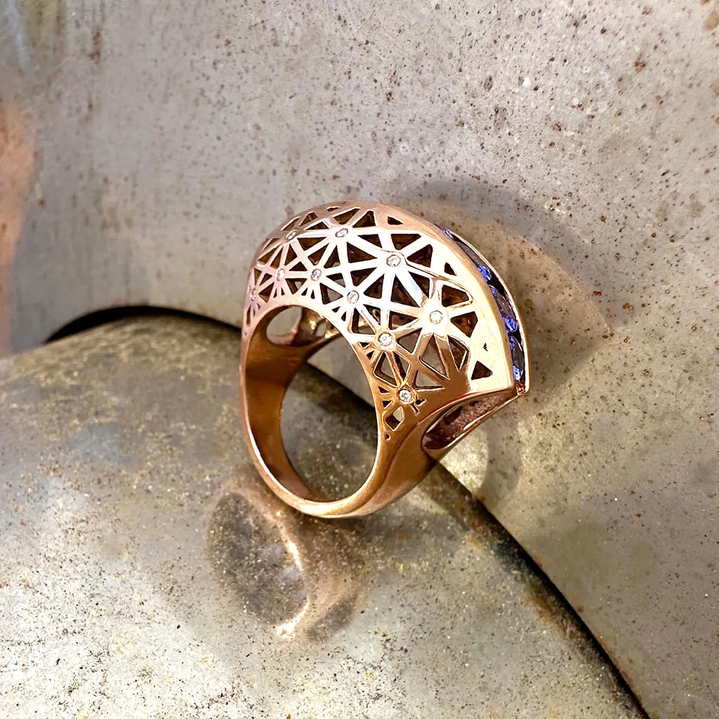 Afrogem Tanzanite And Diamond Raised Pattern Statement Ring in Rose Gold