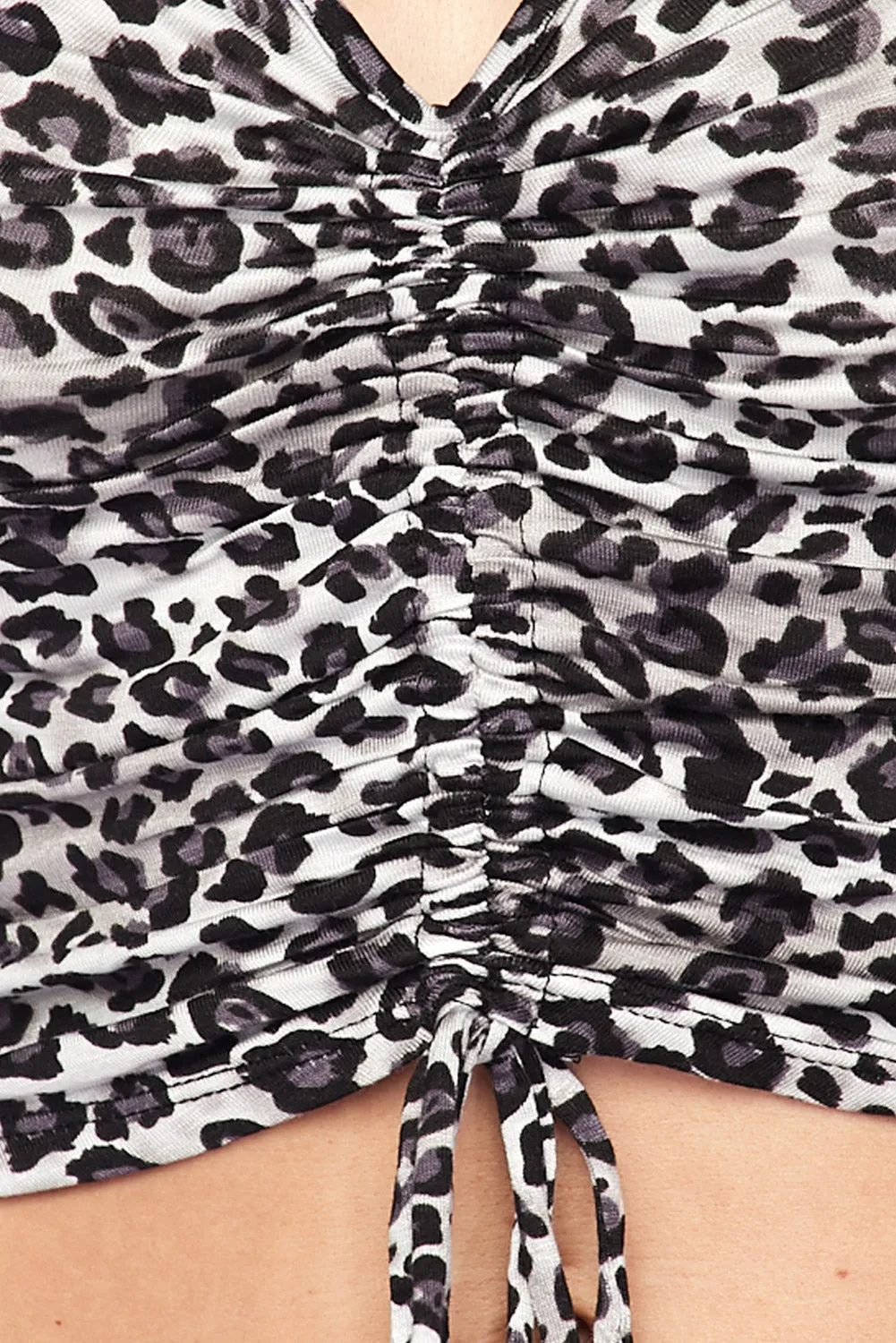 Animal Print Cinched Drawstring Crop Top Blouse for Women - Gray