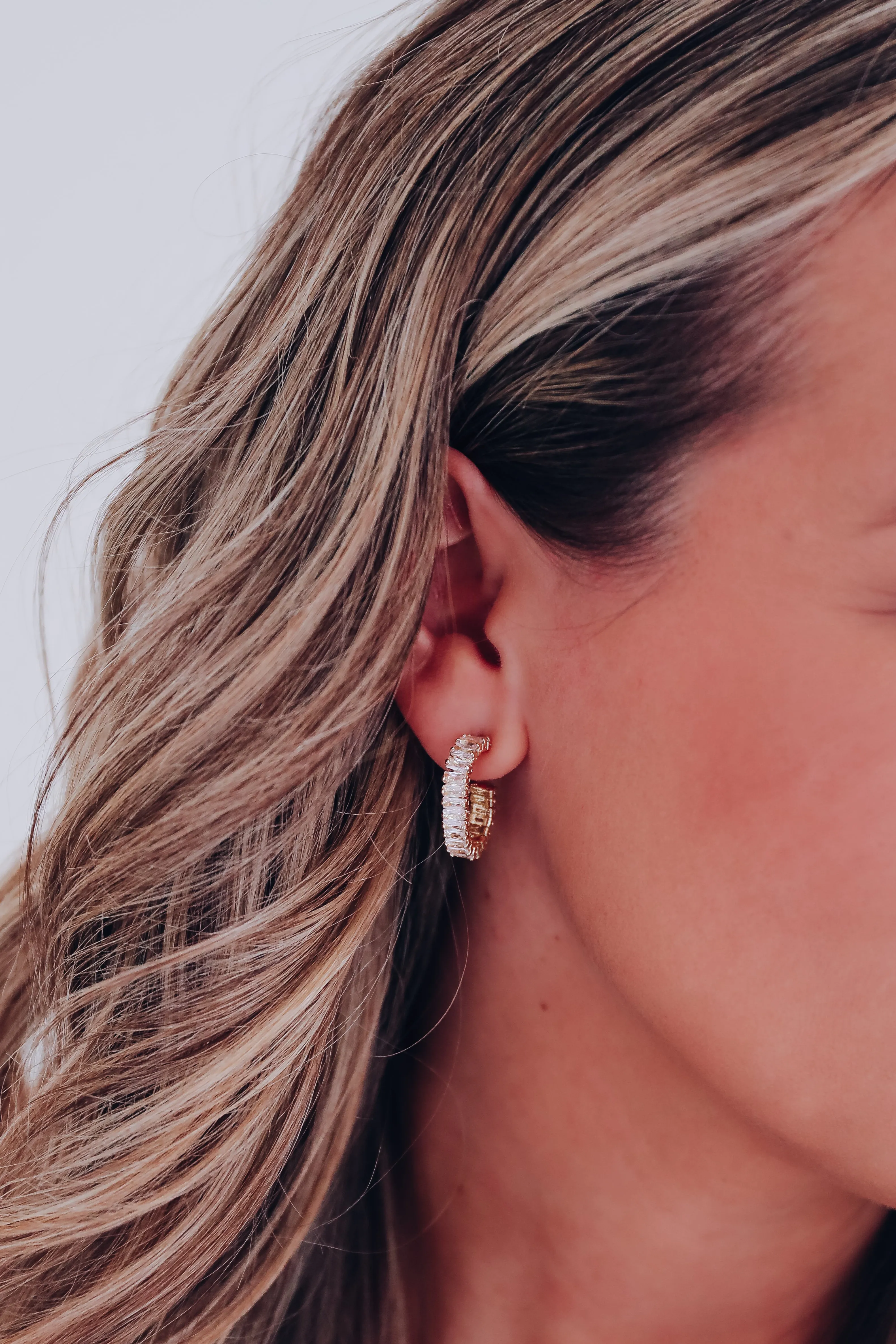 Baguette Pave Rhinestone Half Hoop Earrings - Gold