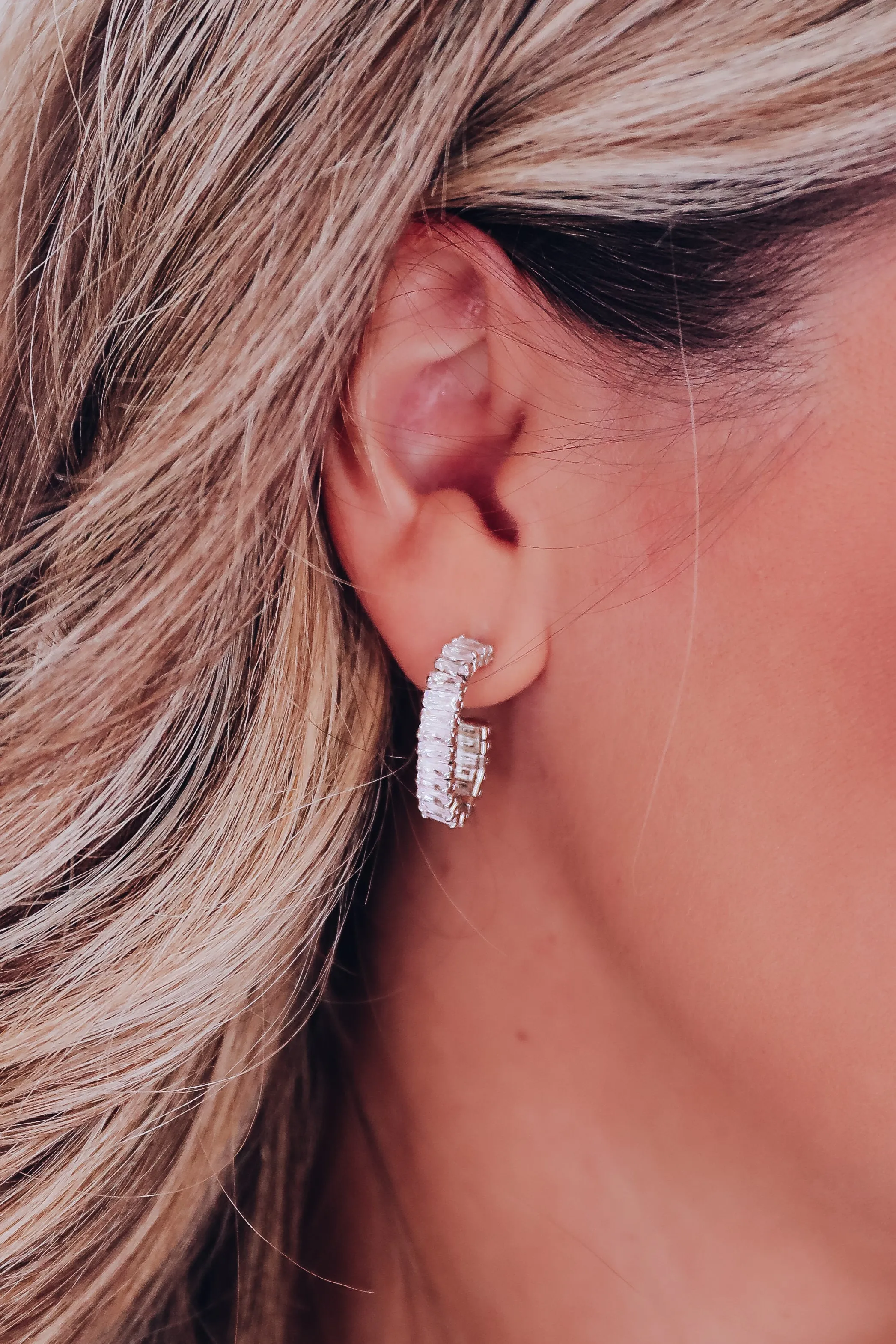 Baguette Pave Rhinestone Half Hoop Earrings - S