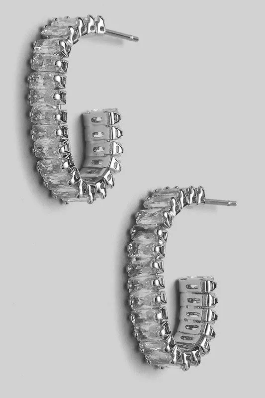 Baguette Pave Rhinestone Half Hoop Earrings - S