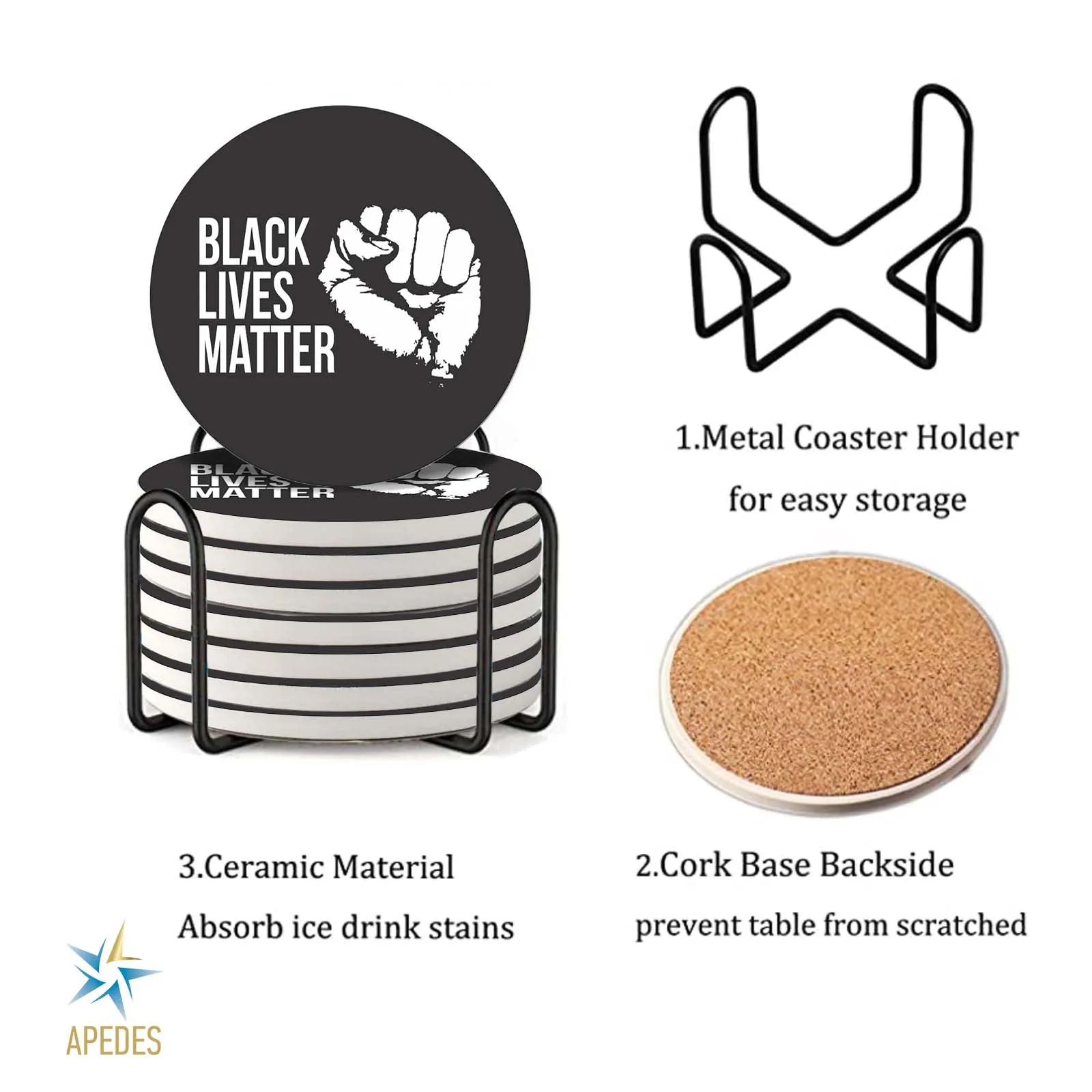Black Lives Matter Absorbent Ceramic Coasters for Drinks with Holder (Set of 8)