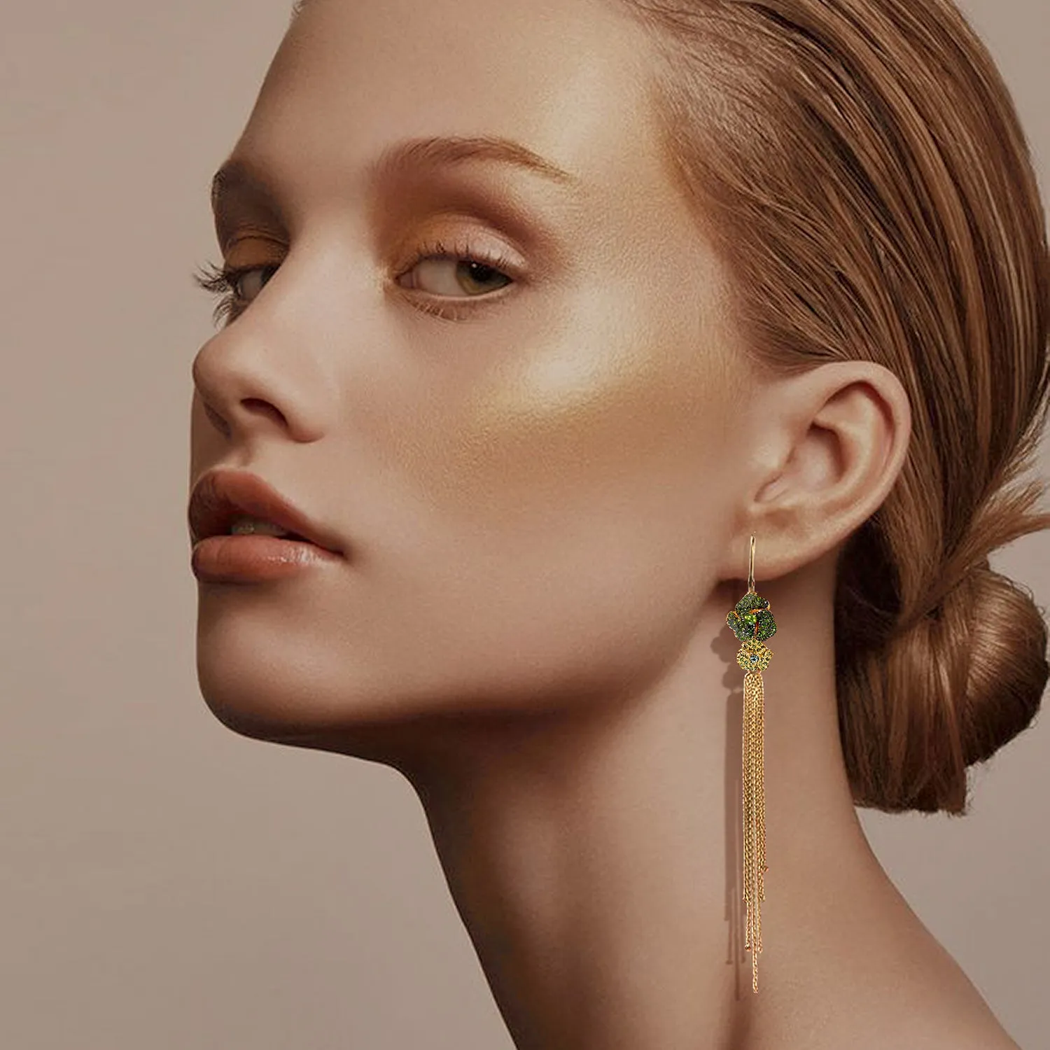 Bloom Mini Flower Green Diamond Tassel Earrings