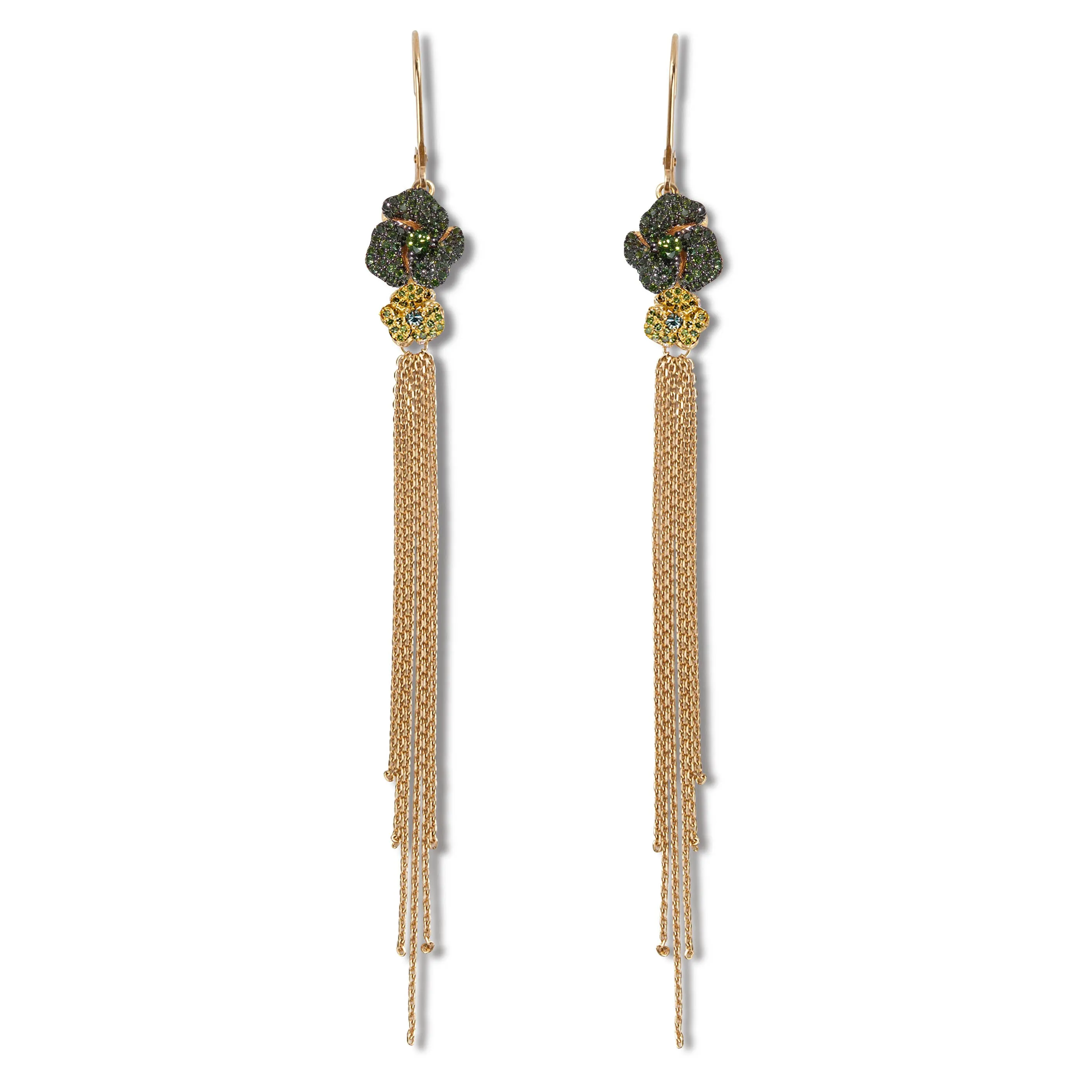 Bloom Mini Flower Green Diamond Tassel Earrings