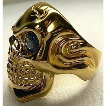 Blue Sapphire 14K Yellow Gold Mens Skull Ring