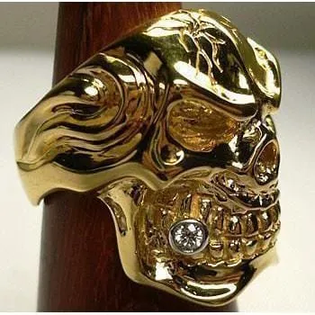 Blue Sapphire 14K Yellow Gold Mens Skull Ring