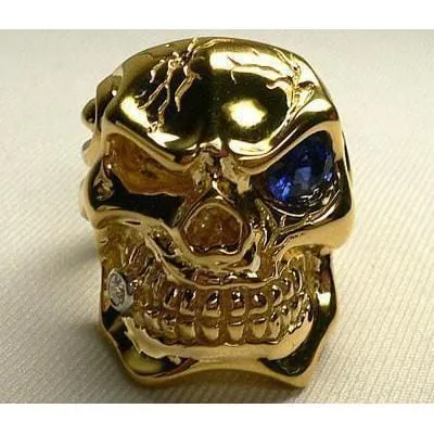 Blue Sapphire 14K Yellow Gold Mens Skull Ring