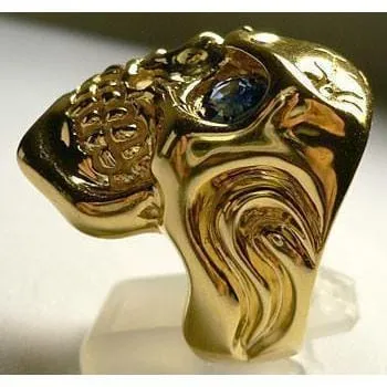 Blue Sapphire 14K Yellow Gold Mens Skull Ring