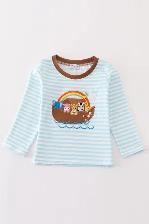 Blue Stripe Noah's Ark Animal Applique Boy Top