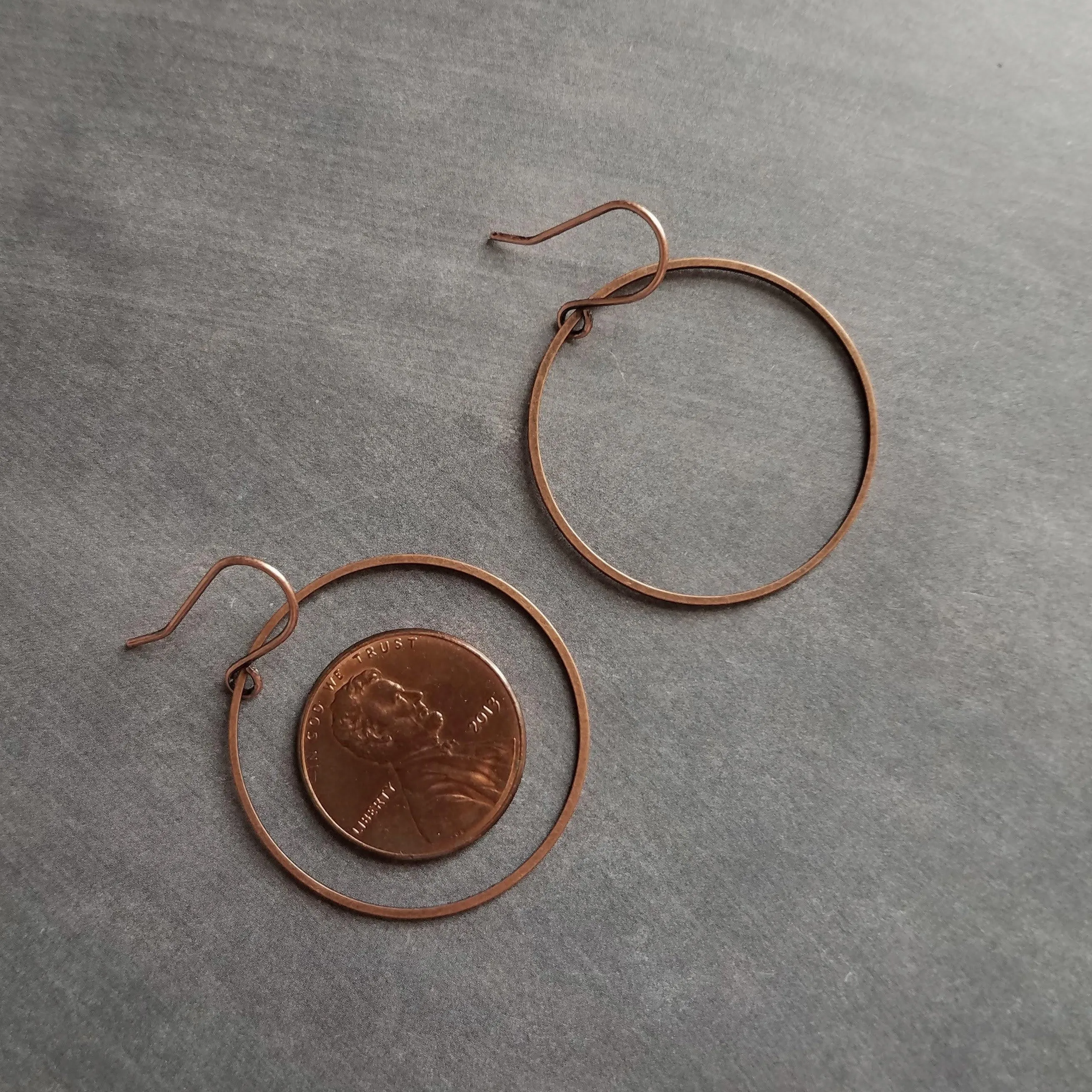 Copper Hoop Earrings, antique copper circle earring, oxidized copper, thin copper ring, delicate copper earring, large lightweight