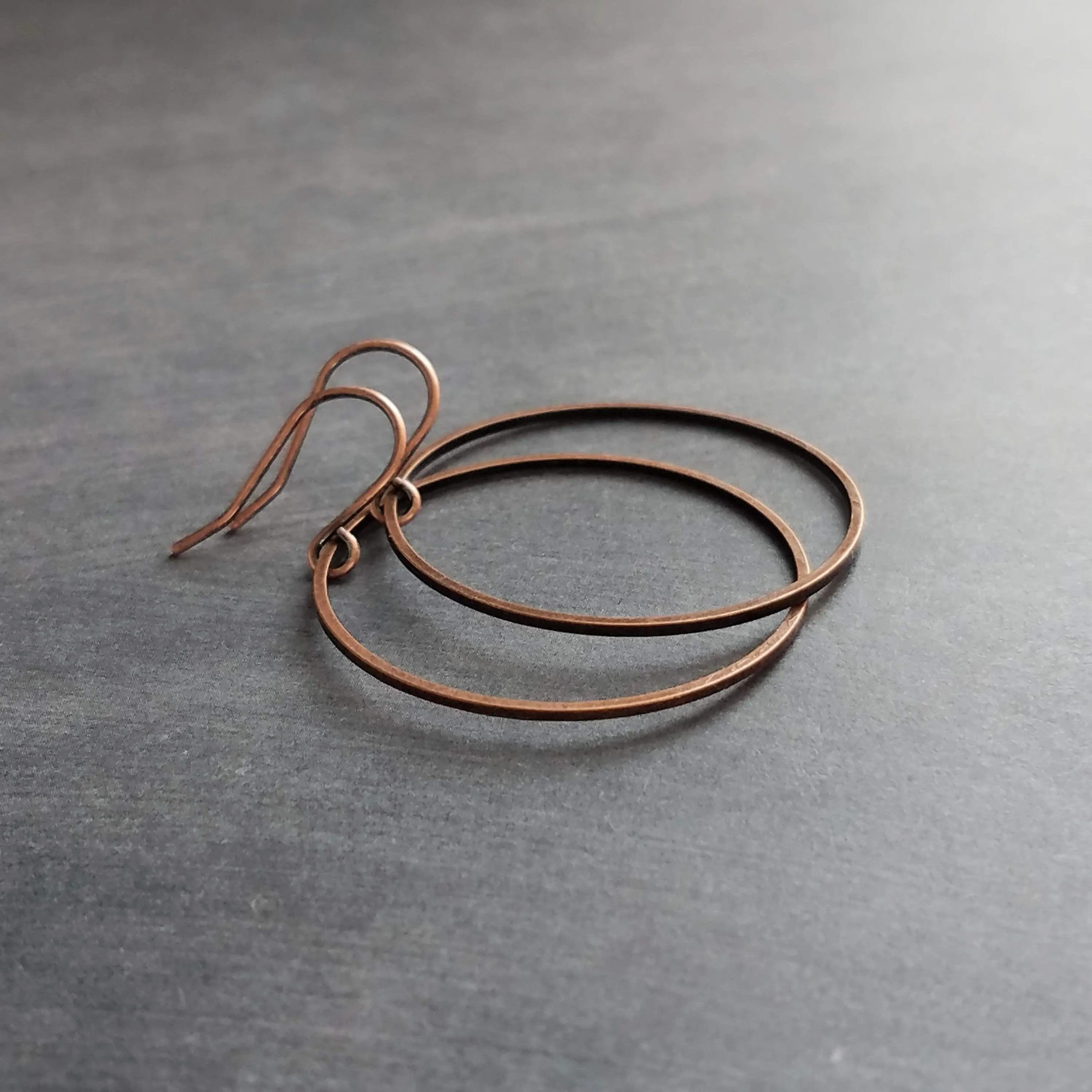 Copper Hoop Earrings, antique copper circle earring, oxidized copper, thin copper ring, delicate copper earring, large lightweight