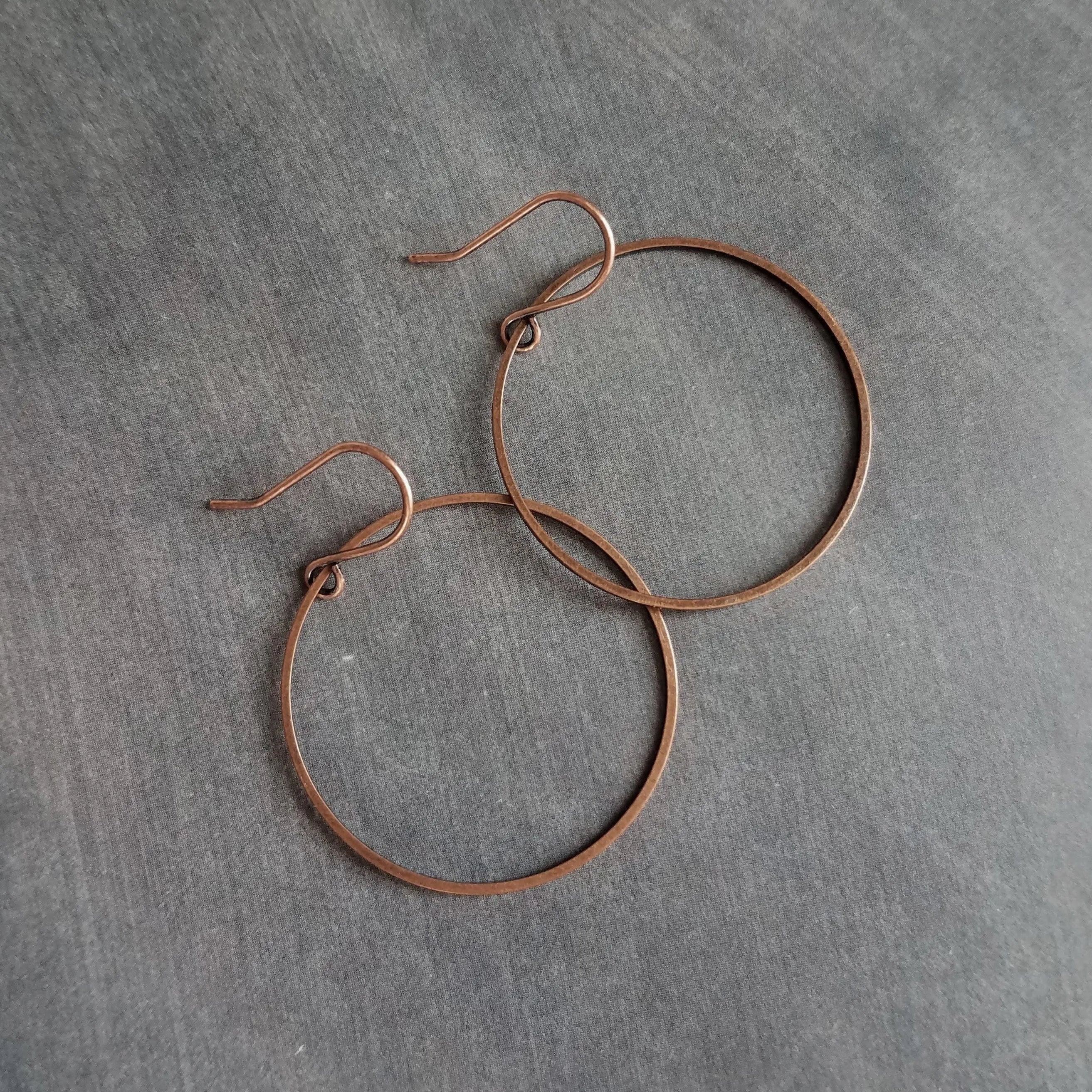 Copper Hoop Earrings, antique copper circle earring, oxidized copper, thin copper ring, delicate copper earring, large lightweight