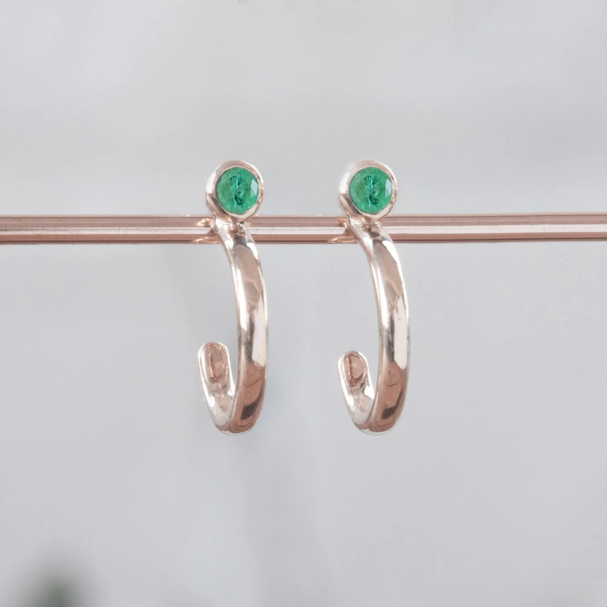 Custom Emerald Birthstone Hoop Earrings | 14K Rose Gold