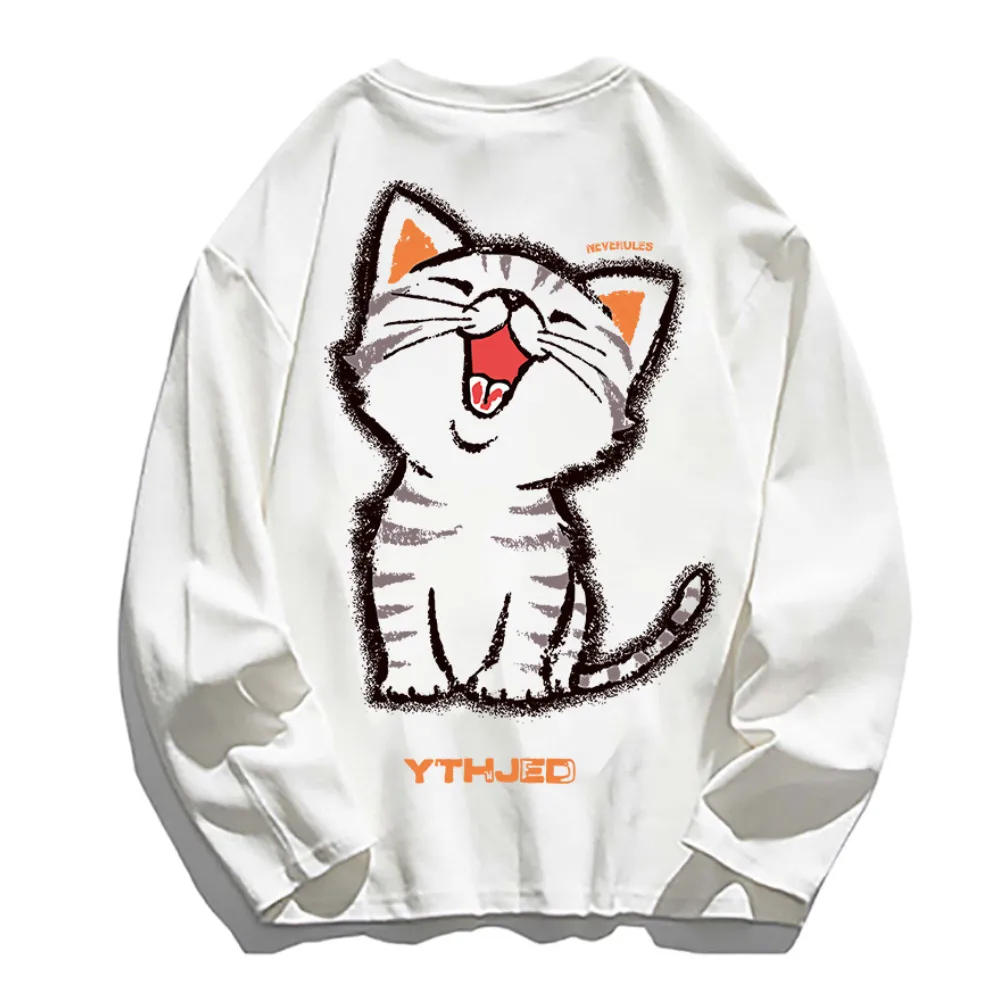 Cute Playful Cat Print Long Sleeve Shirt