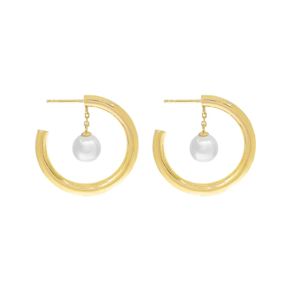CZ Dangling Pearl Hollow Hoop Earring