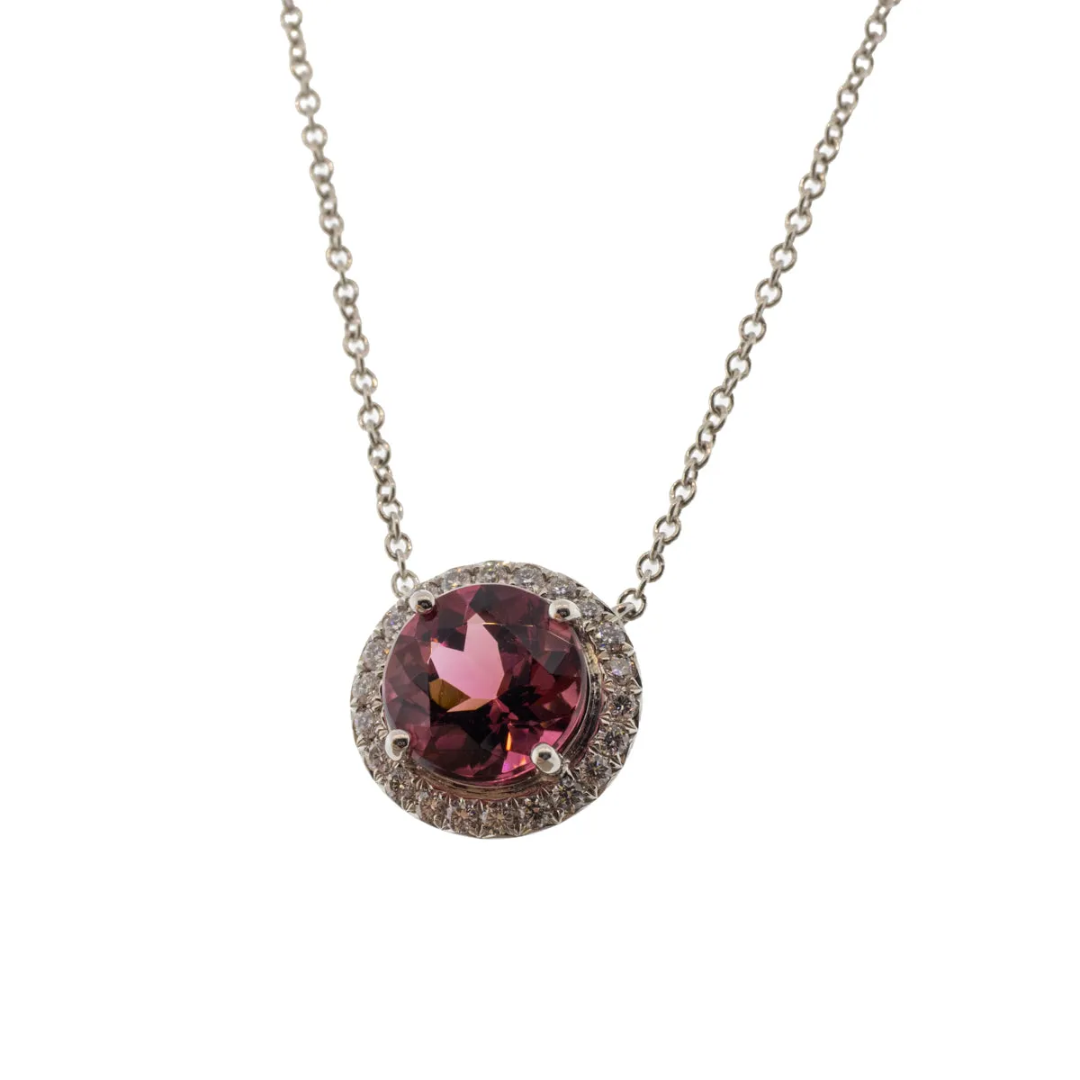 Deep Rose Tourmaline Halo Pendant Necklace