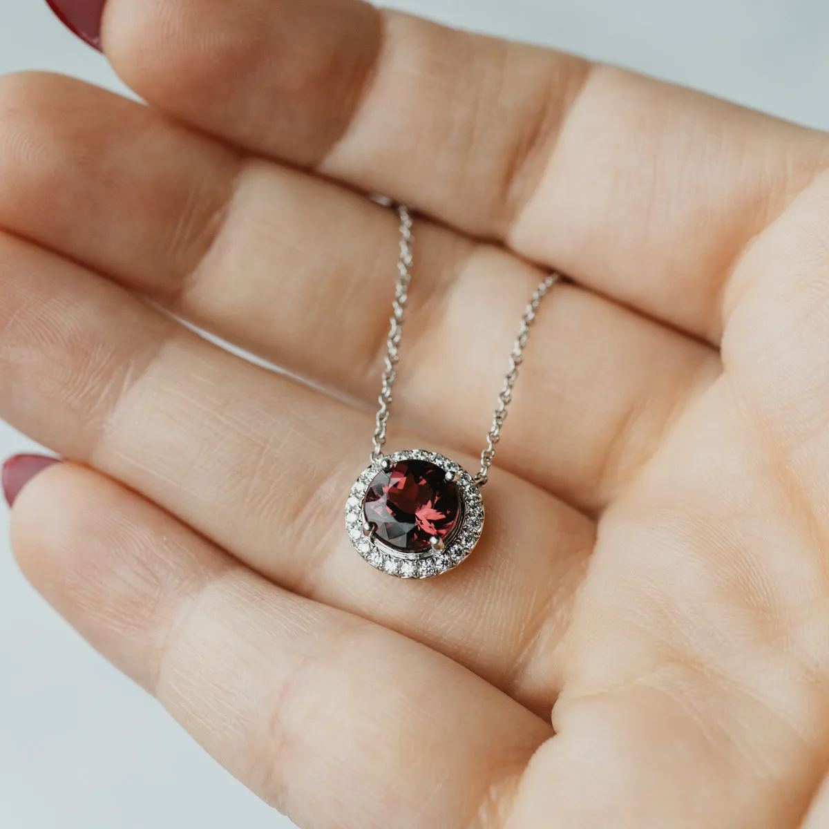 Deep Rose Tourmaline Halo Pendant Necklace