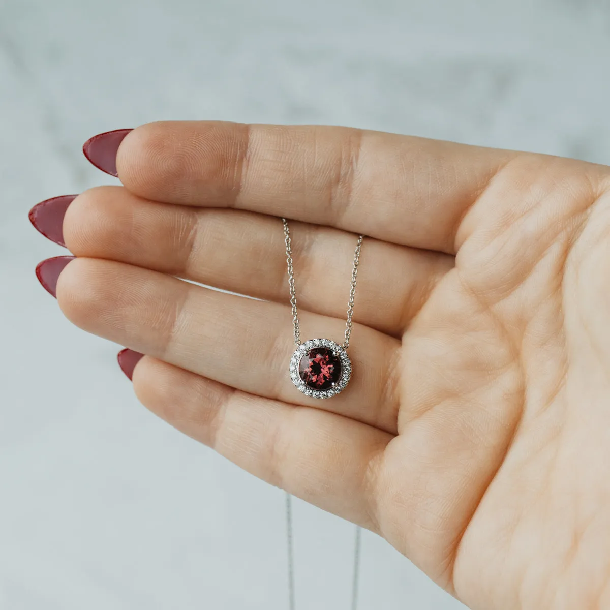 Deep Rose Tourmaline Halo Pendant Necklace