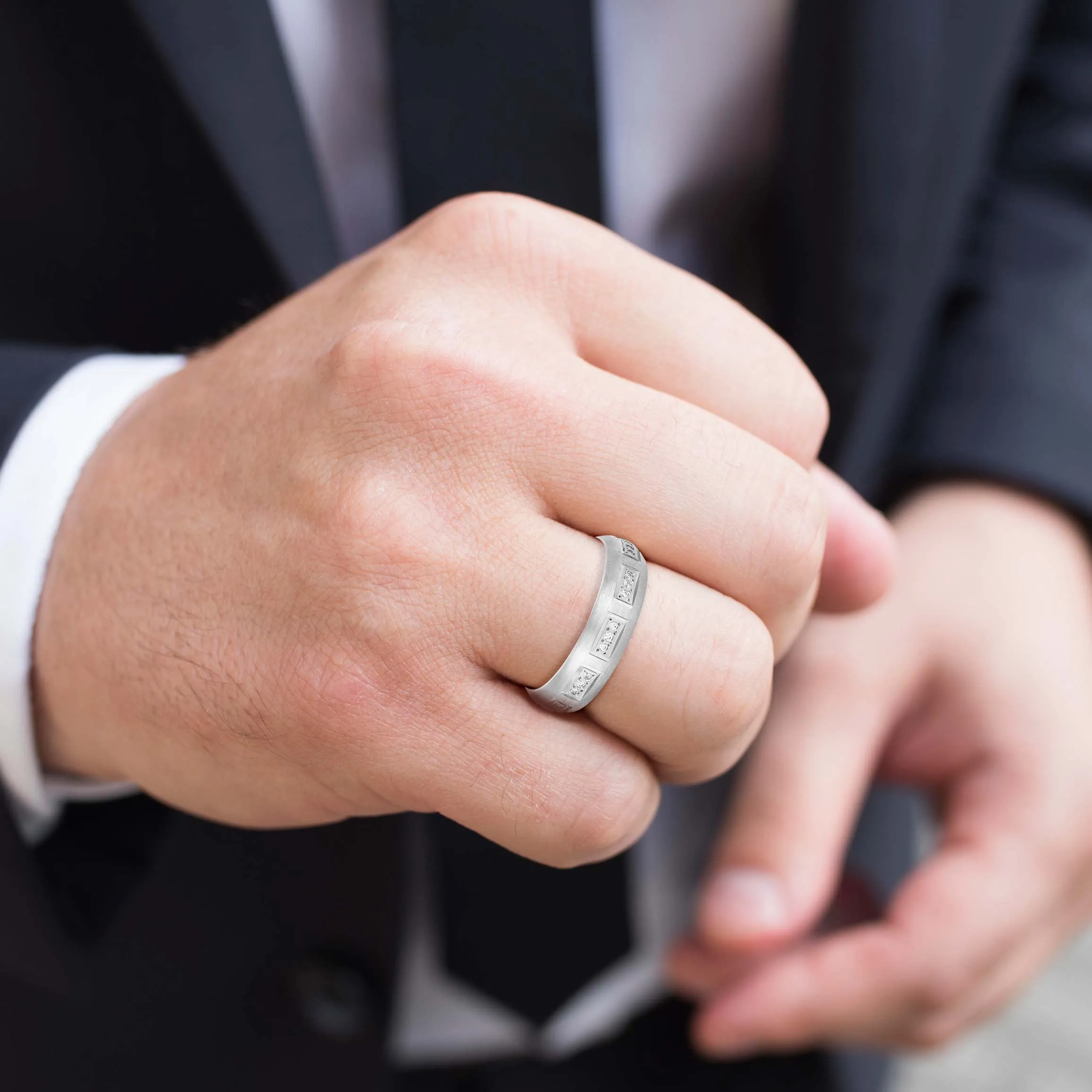 Domed Brush Finish Diamond Men's Wedding Band