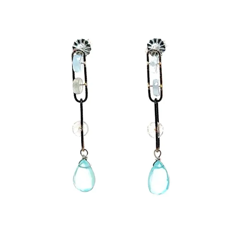 Double Link Aqua Drop Silver Earrings