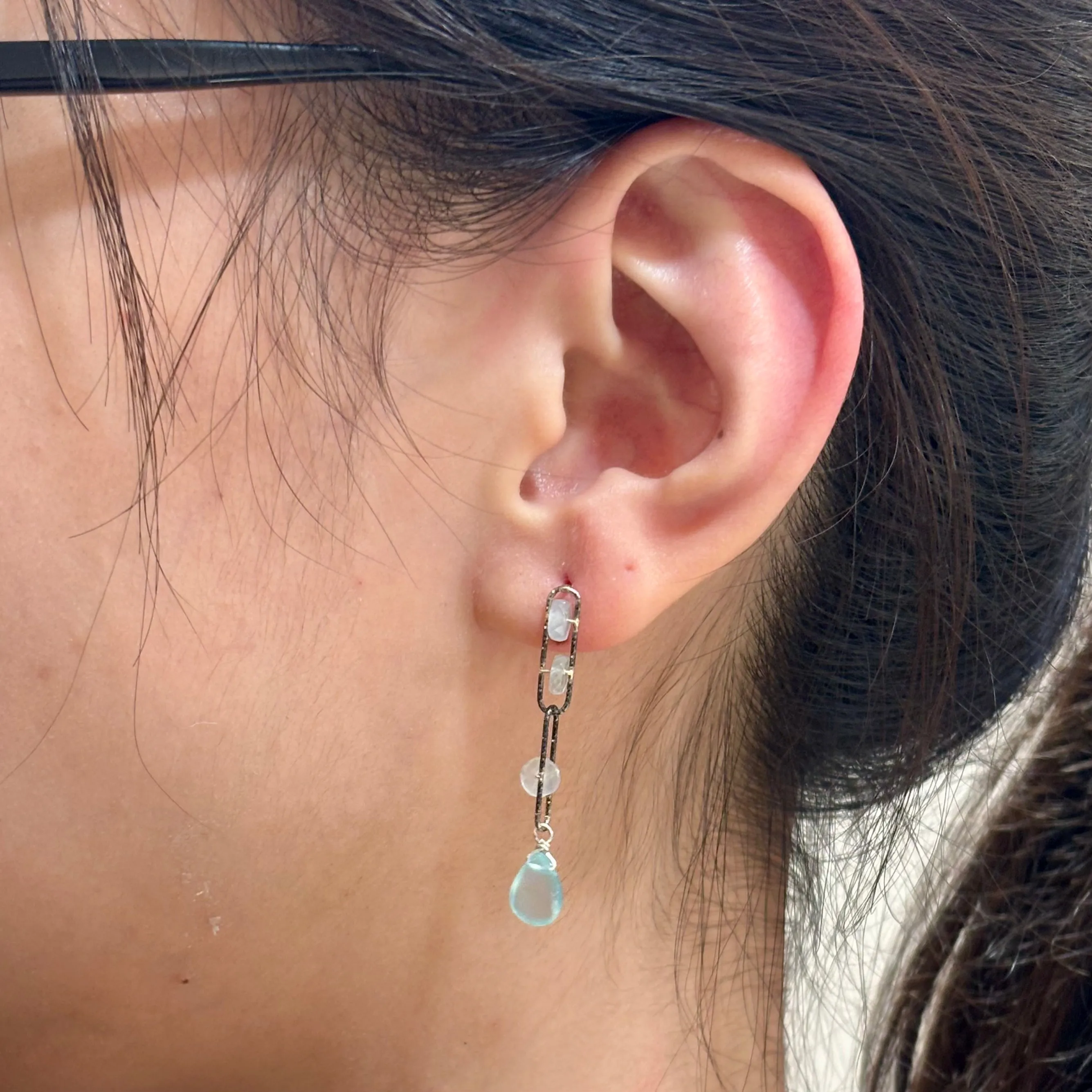 Double Link Aqua Drop Silver Earrings