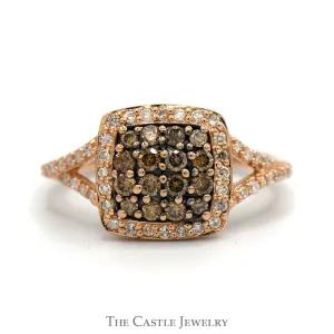Effy Designer Square Shaped "Espresso" Diamond Cluster Ring with Diamond Halo and Accented Split Shank Sides in 14k Rose Gold