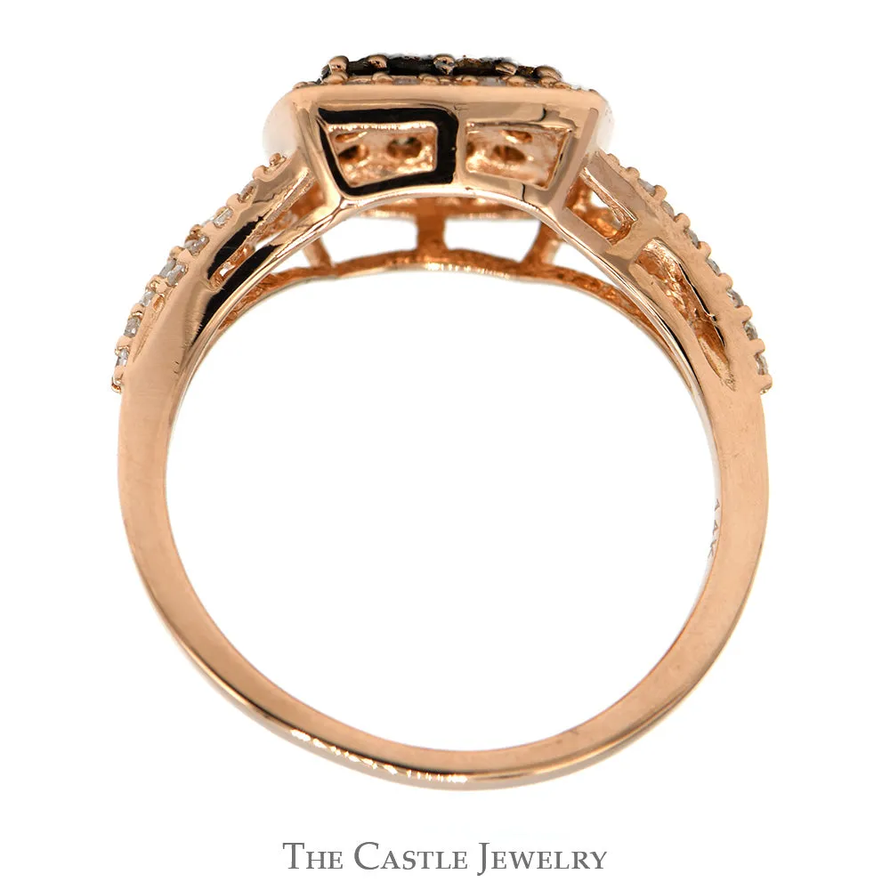 Effy Designer Square Shaped "Espresso" Diamond Cluster Ring with Diamond Halo and Accented Split Shank Sides in 14k Rose Gold