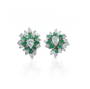 Estate Platinum Diamond And Emerald Earrings