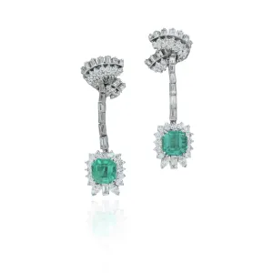 Estate Platinum Emerald And Diamond Earrings