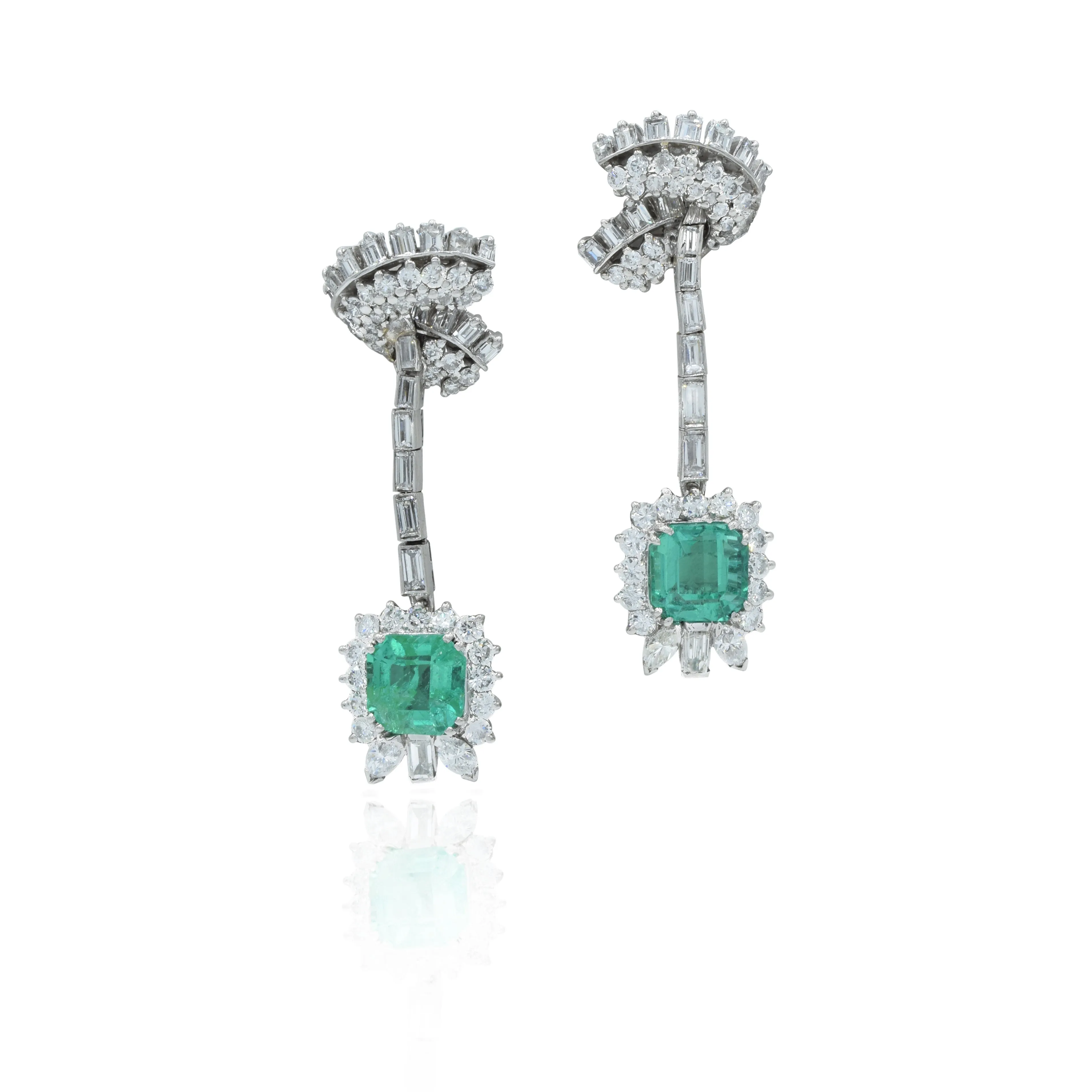 Estate Platinum Emerald And Diamond Earrings