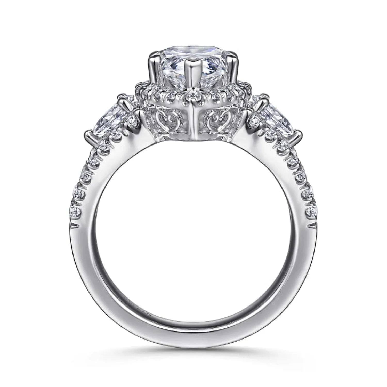 Gabriel & Co. Pear Cut Three Stone Halo Diamond Engagement Ring