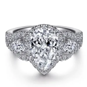 Gabriel & Co. Pear Cut Three Stone Halo Diamond Engagement Ring