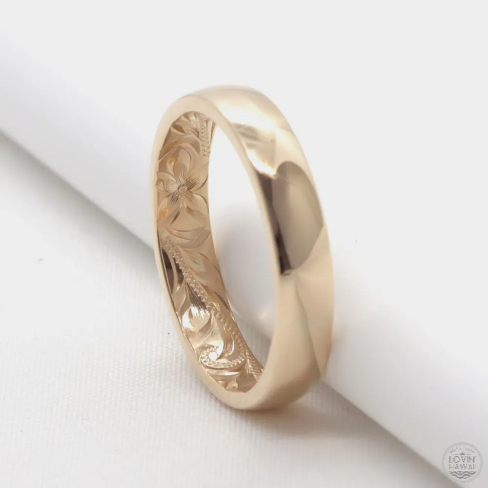 Gold Hawaiian Wedding Band,Hand Engraved Design (4MM,  Barrel Style)