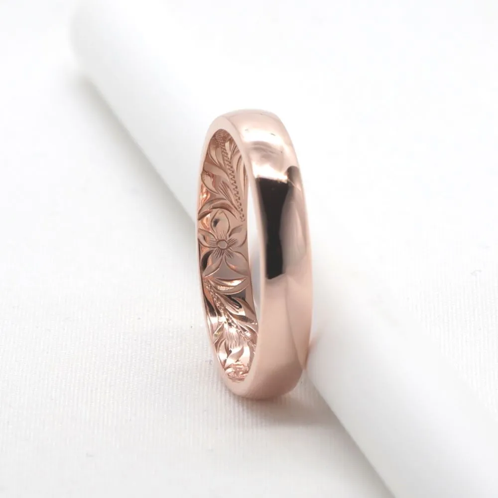 Gold Hawaiian Wedding Band,Hand Engraved Design (4MM,  Barrel Style)