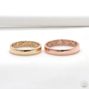 Gold Hawaiian Wedding Band,Hand Engraved Design (4MM,  Barrel Style)