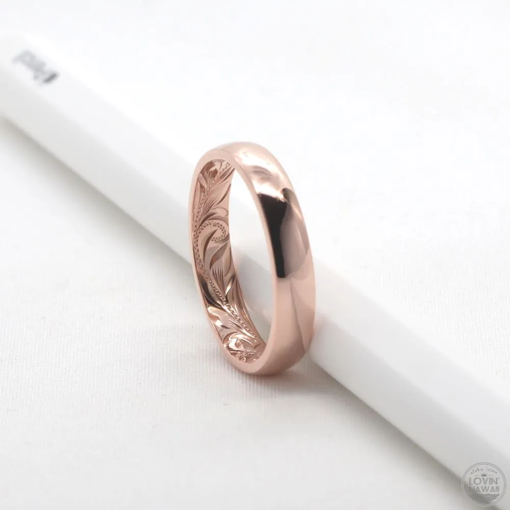 Gold Hawaiian Wedding Band,Hand Engraved Design (4MM,  Barrel Style)