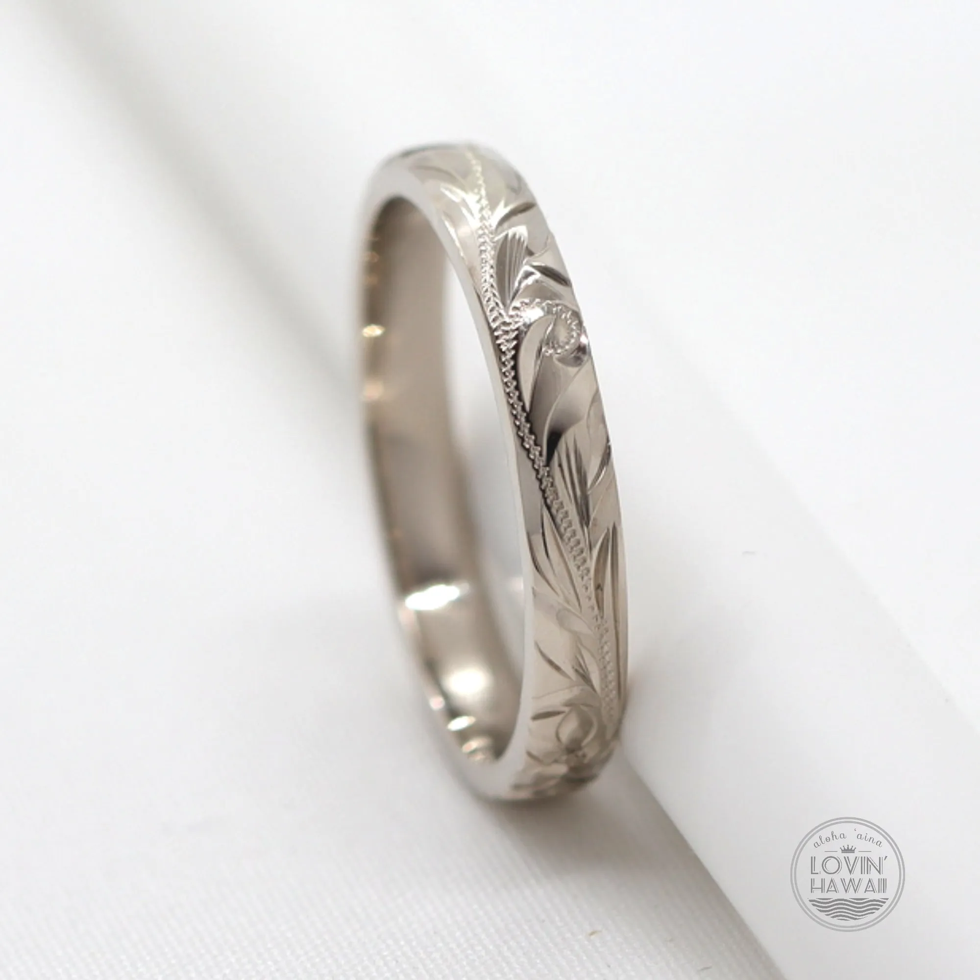 Gold Hawaiian Wedding Rings, Hand Engraved Design, (3mm Width, Dome Style)