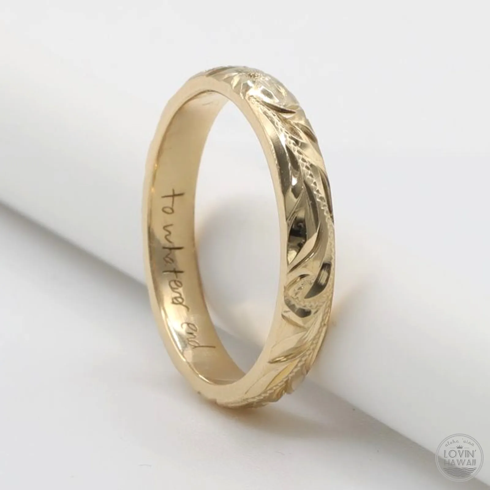 Gold Hawaiian Wedding Rings, Hand Engraved Design, (3mm Width, Dome Style)