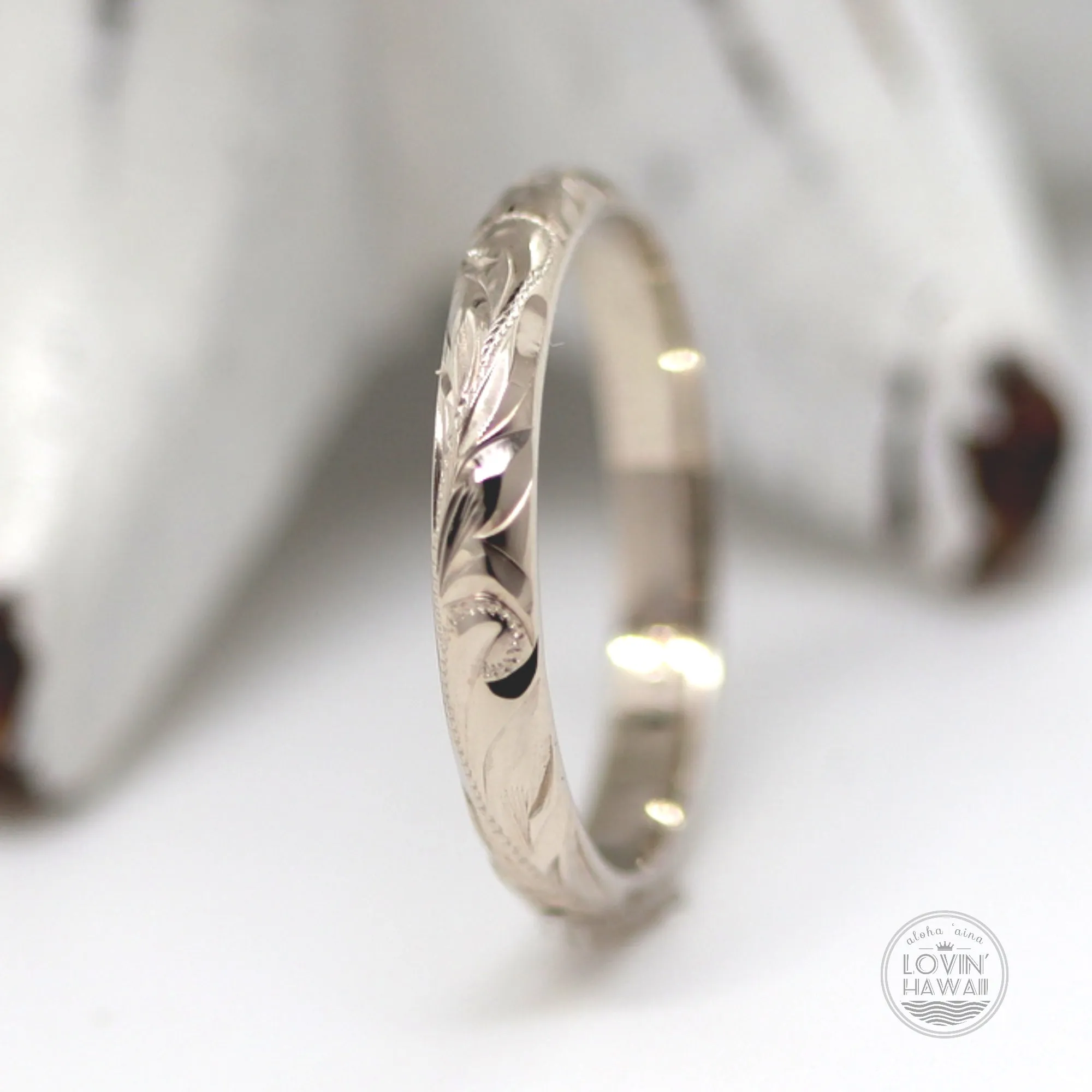 Gold Hawaiian Wedding Rings, Hand Engraved Design, (3mm Width, Dome Style)