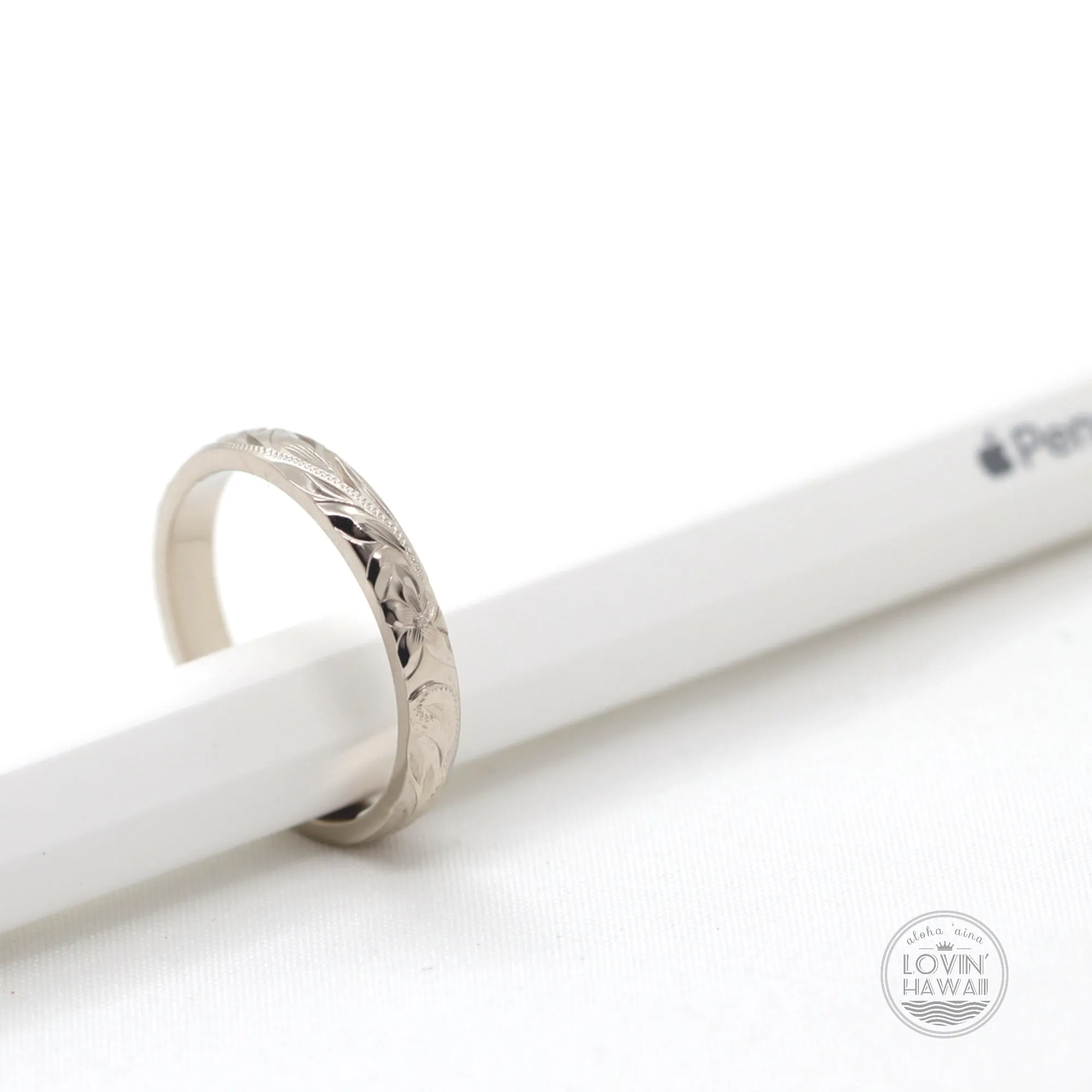Gold Hawaiian Wedding Rings, Hand Engraved Design, (3mm Width, Dome Style)