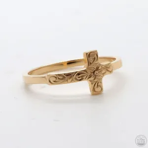 Gold Ring With A Cross, Hand Engraved with Hawaiian Heritage Design