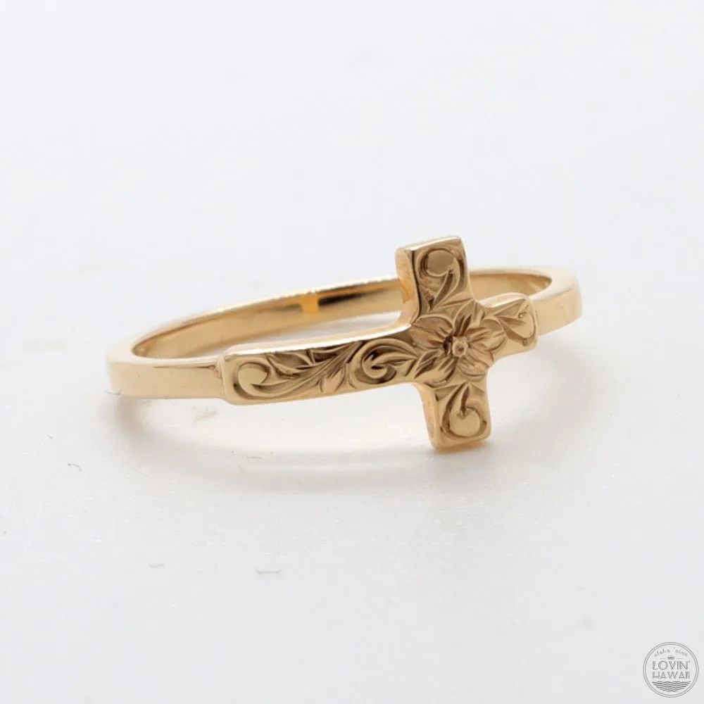Gold Ring With A Cross, Hand Engraved with Hawaiian Heritage Design