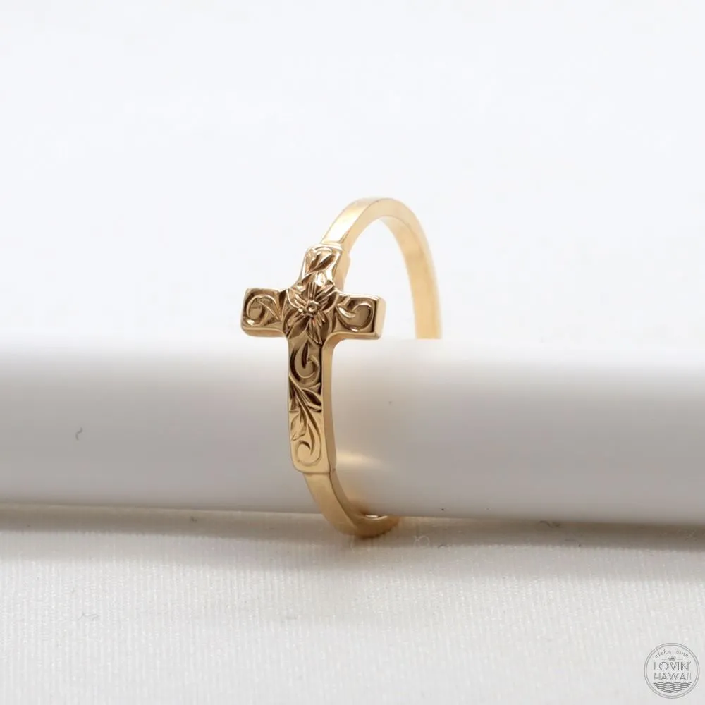 Gold Ring With A Cross, Hand Engraved with Hawaiian Heritage Design