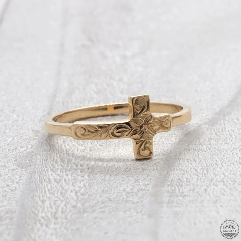 Gold Ring With A Cross, Hand Engraved with Hawaiian Heritage Design
