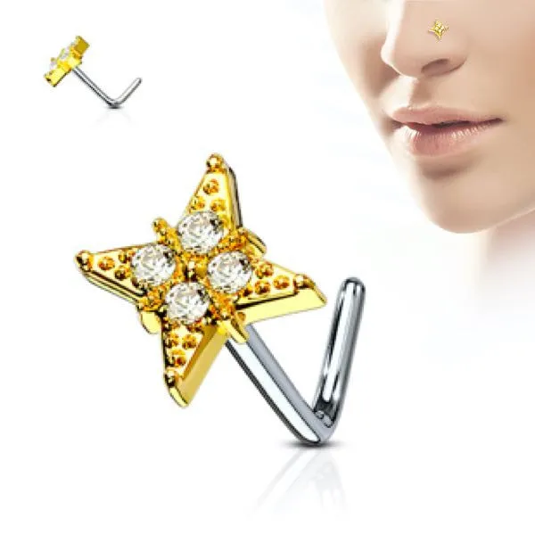 GOLD/CLEAR CZ Paved Diamond 316L Surgical Steel L Bend Nose Stud Rings (#nosering008)