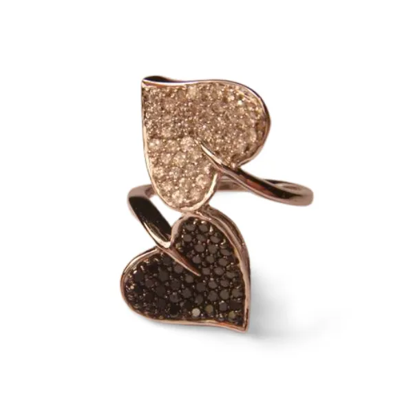 Gorgeous Estate 10K White Gold Pave Black Diamond Leaf Heart Ring