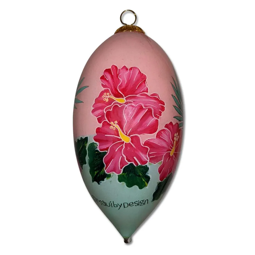 Green and Pink Hibiscus Hawaiian Christmas Ornament