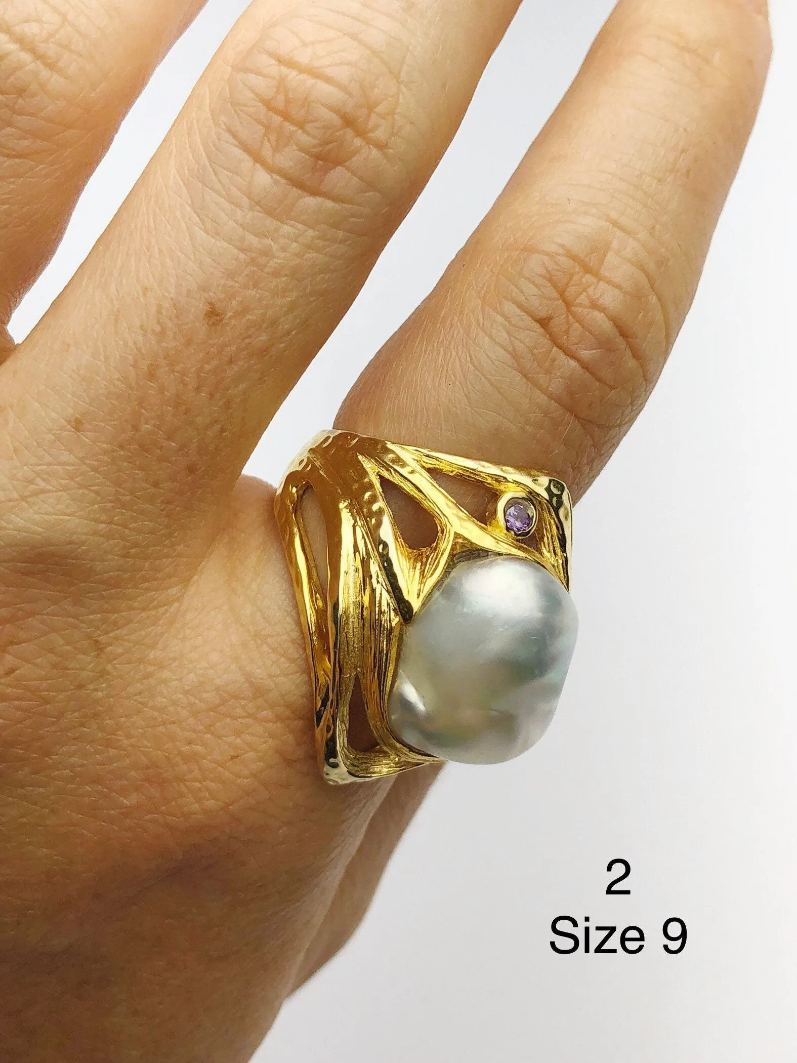 Handcarved Sterling Silver Plated 14K Gold South Sea Pearl Rings - Natural Color - Southsea Pearls - Statement Ring (425 Sz. 8,9,10)