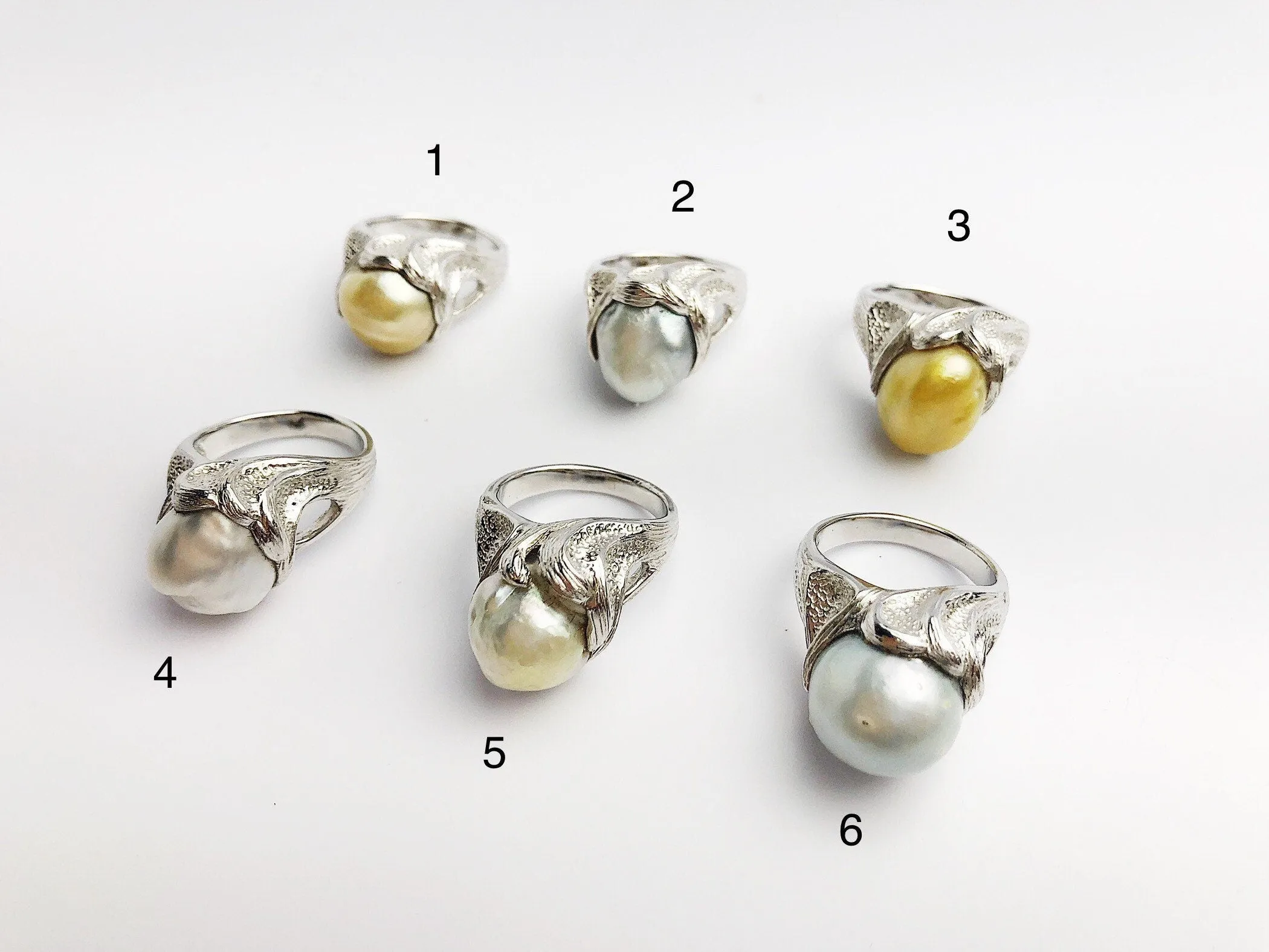 Handcarved Sterling Silver South Sea Pearl Rings - Natural Color - Southsea Pearls - Statement Ring (432 No. 1-6)